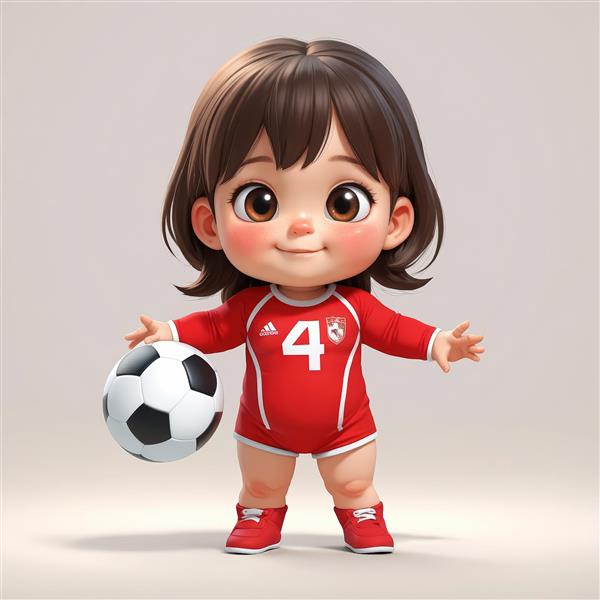 دختر کارتونی فوتبالیست با پیراهن قرمز و شماره 4 با توپ فوتبال