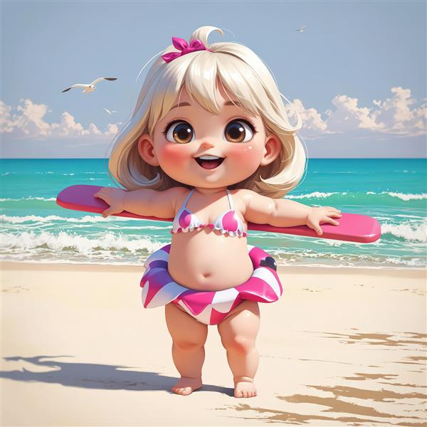 دختر کارتونی شاد با مایو راه راه صورتی و تخته شنا در ساحل آفتابی