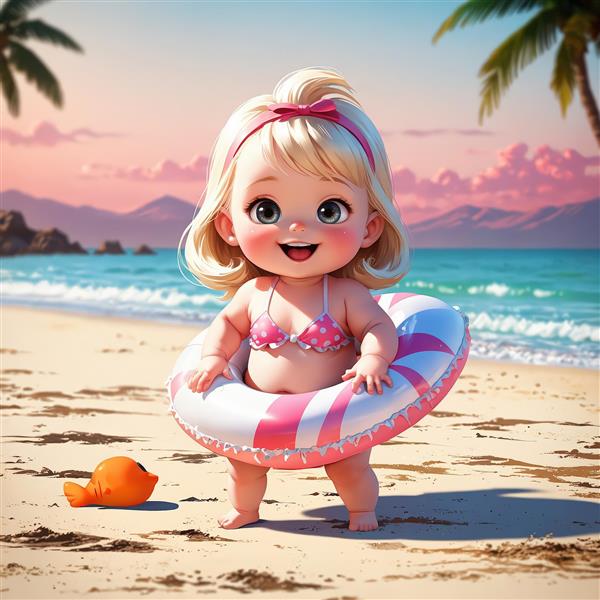 دختر کارتونی خندان با تیوپ نجات سفید و صورتی در ساحل و غروب زیبا