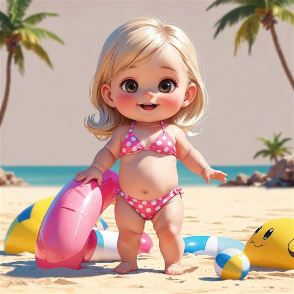 دختر کارتونی با بیکینی صورتی و تیوپ در ساحل شنی با درختان نخل