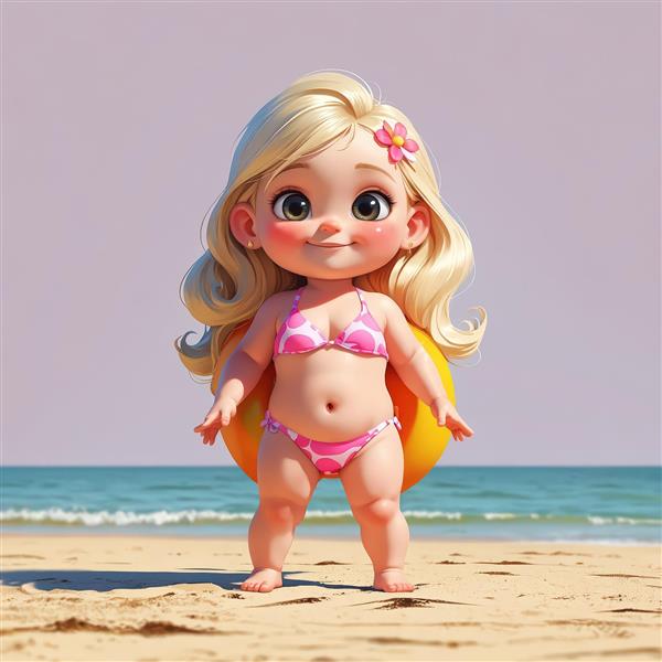دختر کارتونی با بیکینی صورتی و تیوپ نجات نارنجی در ساحل شنی و آب دریا