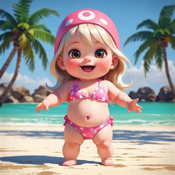 دختر کارتونی با بیکینی صورتی و کلاه شنای خالدار در ساحل آفتابی با نخل‌ها