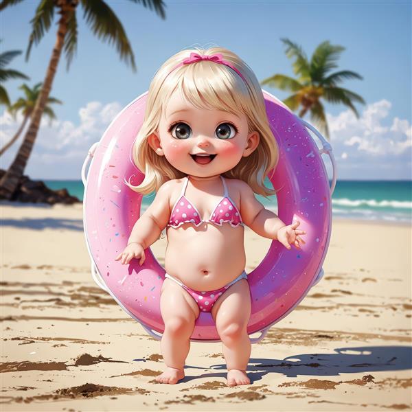 دختر کارتونی خندان با تیوپ نجات بزرگ صورتی در ساحل شنی با درختان نخل