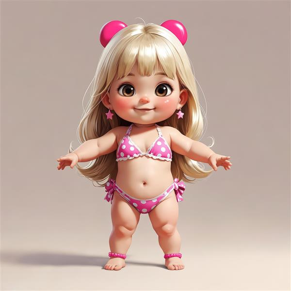 پرتره دختر کارتونی با بیکینی خالدار صورتی و گوشواره‌های فانتزی