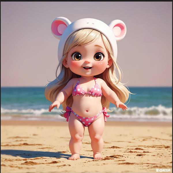دختر کارتونی با بیکینی صورتی و کلاه خرسی سفید روی شن و ماسه کنار دریا
