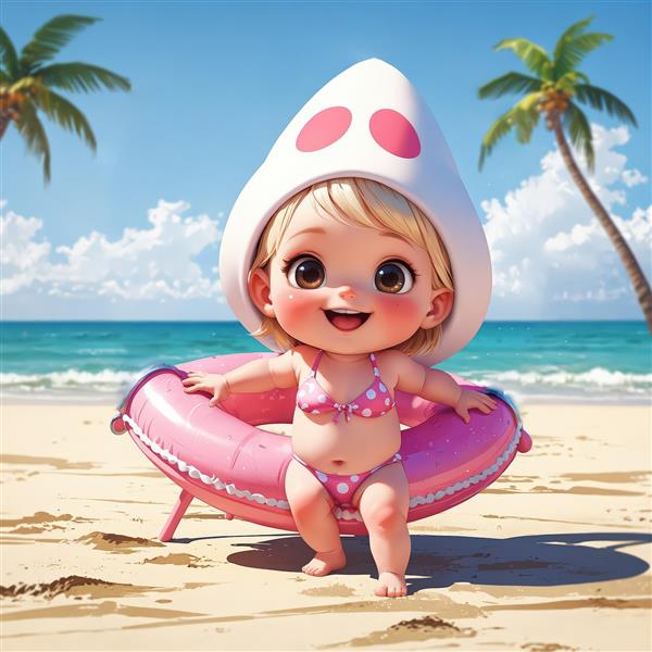 دختر کارتونی با کلاه قارچی و بیکینی صورتی و تیوپ در ساحل با درختان نخل