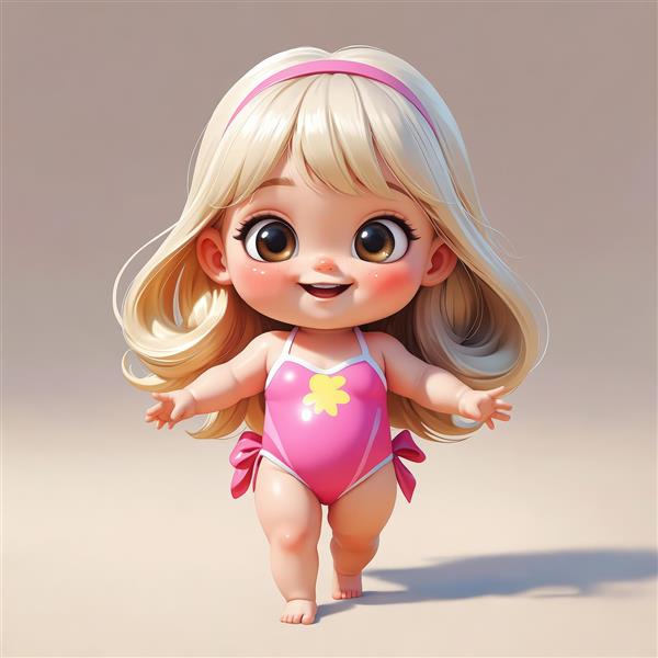 دختر کارتونی با مایو یک‌تکه صورتی و هدبند در حال راه رفتن روی پس‌زمینه ساده