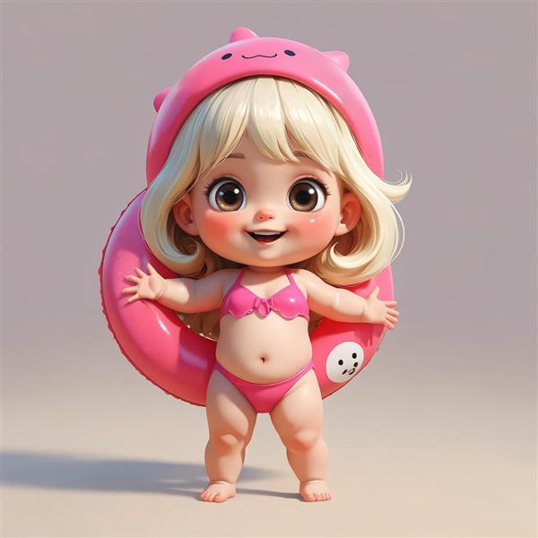 تصویر کارتونی دختر با بیکینی و کلاه فانتزی صورتی با تیوپ نجات روی پس‌زمینه روشن