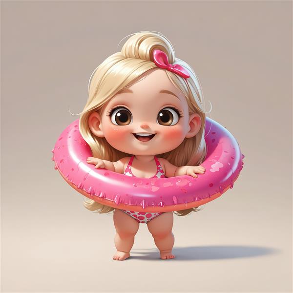 پرتره کارتونی دختر شاد با موی بلوند و تیوپ نجات صورتی روی پس‌زمینه ساده