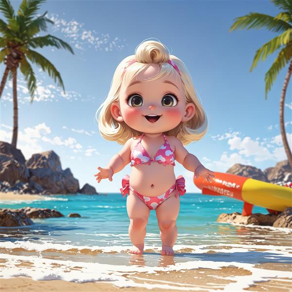 دختر کارتونی شاد با بیکینی صورتی در ساحل شنی با درختان نخل و آب دریا