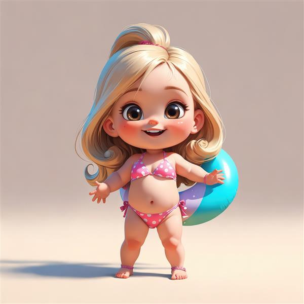 دختر کارتونی با موهای دم اسبی و بیکینی صورتی و تیوپ نجات آبی در پس‌زمینه ساده