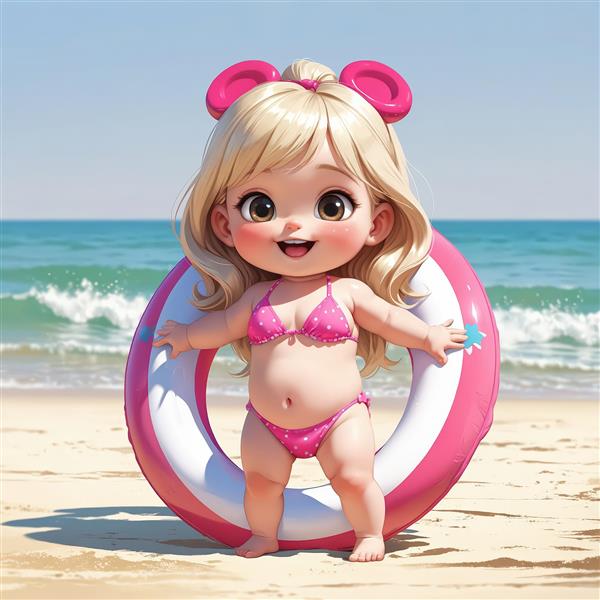 دختر کارتونی با بیکینی صورتی و تیوپ بزرگ نجات صورتی و سفید در ساحل