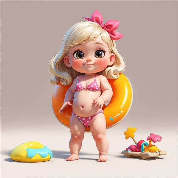 دختر کارتونی زیبا با بیکینی صورتی و تیوپ نجات نارنجی روی پس‌زمینه ساده
