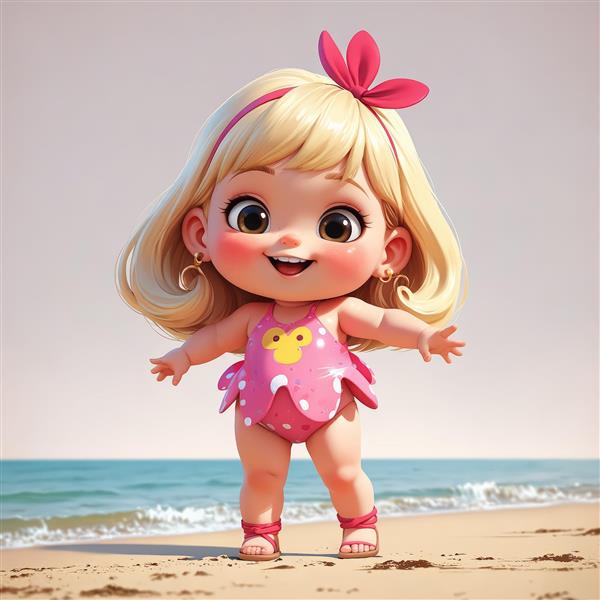 تصویر باکیفیت دختر کارتونی با مایو صورتی و پاپیون روی شن‌های ساحل