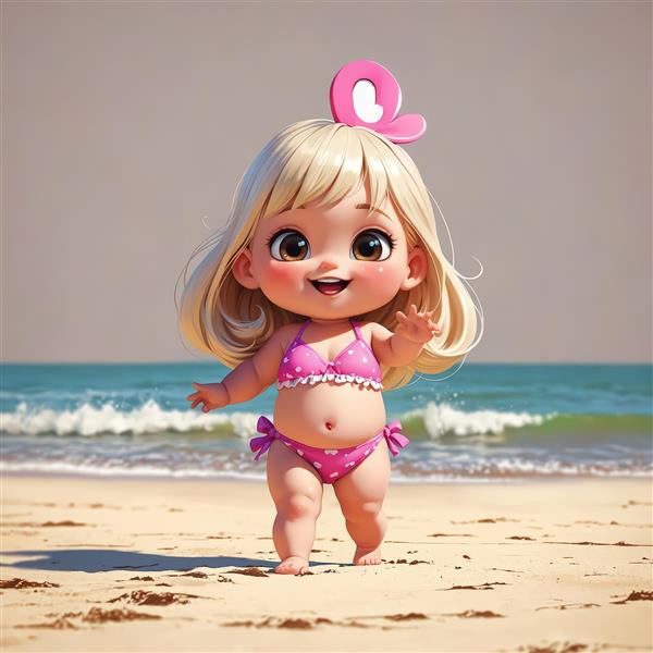 دختر کارتونی با موهای بلوند و بیکینی صورتی خالدار روی شن‌های ساحل