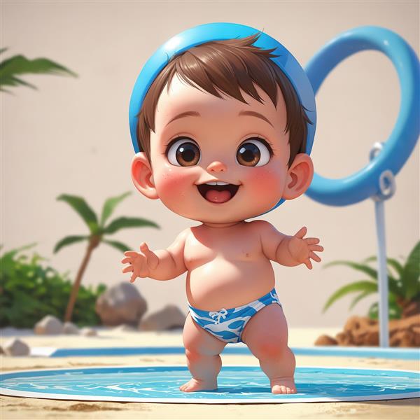 تصویر نوزاد کارتونی شاد در کنار استخر در محیط ساحلی، آماده برای شنا