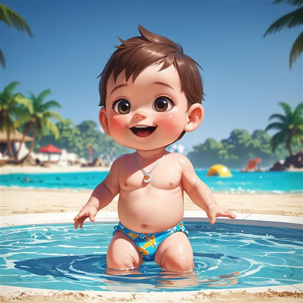 عکس کارتونی کودک خندان در استخر کنار ساحل و درختان نخل در پس‌زمینه