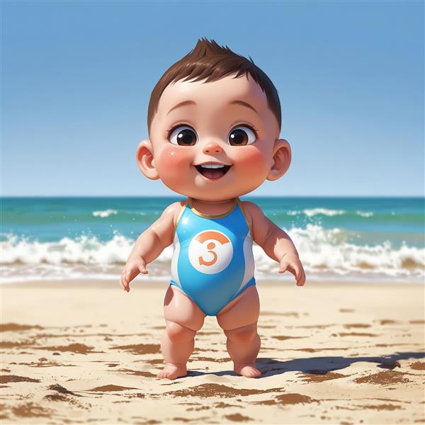 تصویر باکیفیت کودک کارتونی خندان با مایو و کلاه در ساحل با آسمان آبی