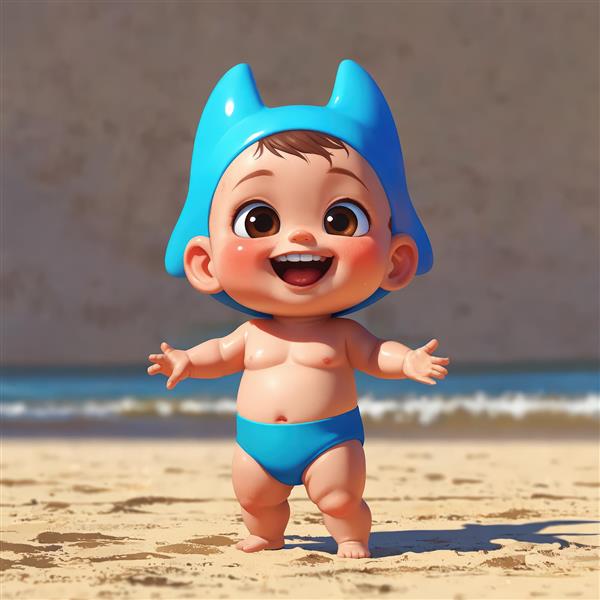 تصویر کارتونی باکیفیت از نوزاد خندان در ساحل با کلاه آبی و شورت مایو