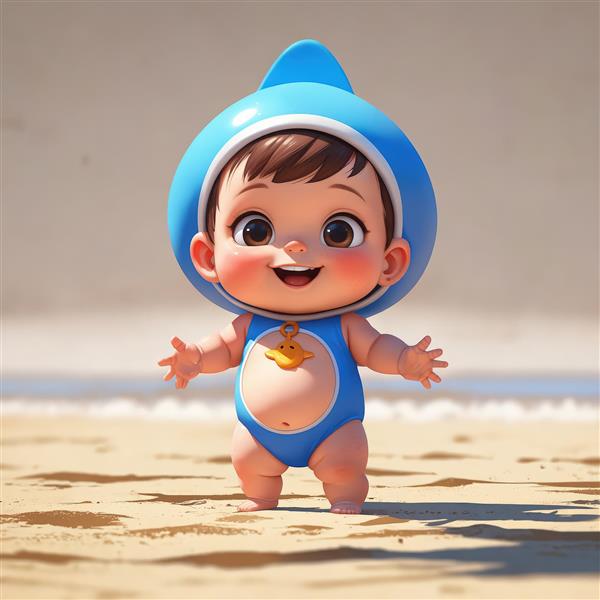 کودک کارتونی شاد با کلاه کوسه‌ای، مایو آبی، ایستاده روی شن و ماسه ساحل