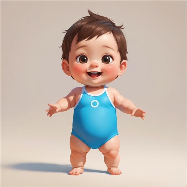 کودک کارتونی شاد با لباس شنای آبی روشن پس‌زمینه استودیویی