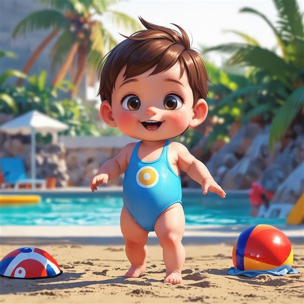کودک کارتونی کنار استخر و توپ ساحلی پس‌زمینه گرمسیری