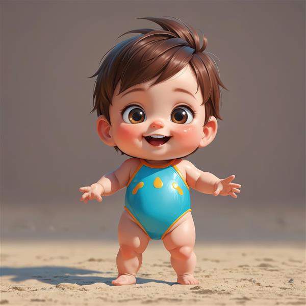 کودک کارتونی شاد با لباس شنای آبی در ساحل پس‌زمینه ساده