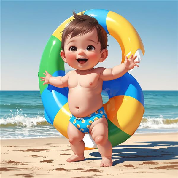 کودک کارتونی جذاب با حلقه شنای بزرگ رنگارنگ دکوراسیون استودیو