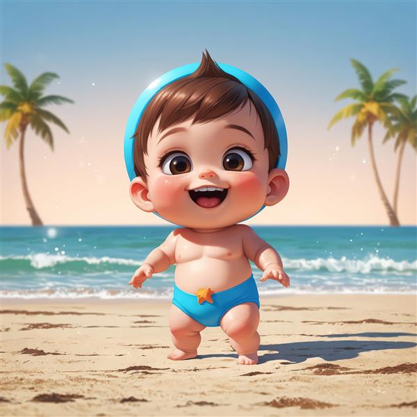 کودک کارتونی شاد در ساحل با کلاه و درختان نخل مناسب تابلو