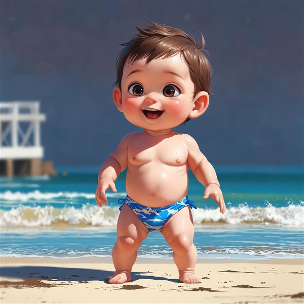تصویر کارتونی کودک در ساحل با شورت شنای خالدار طراحی پوستر