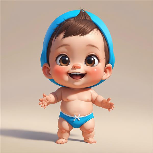 کودک کارتونی شاد با کلاه آبی و شورت شنا مناسب دکور و چاپ