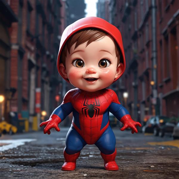 تصویر سه‌بعدی نوزاد پسر اسپایدرمن با لبخند در خیابان ، عکس باکیفیت برای پوستر و محصولات دکوراتیو