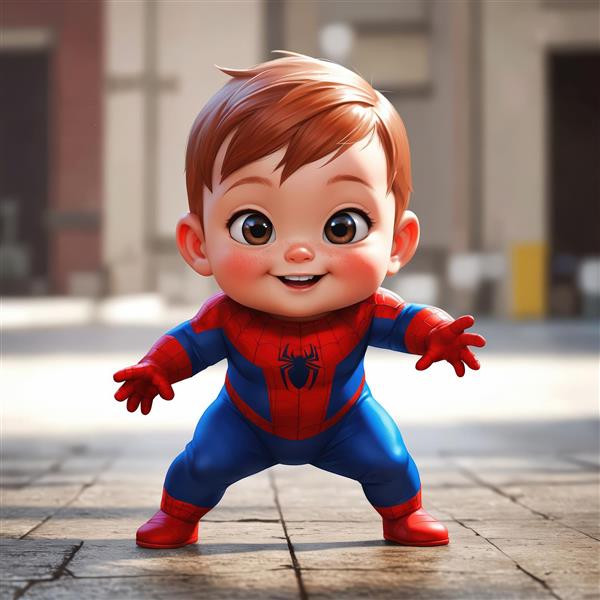 تصویر نوزاد پسر اسپایدرمن با کلاه در خیابان طرح سه‌بعدی فانتزی