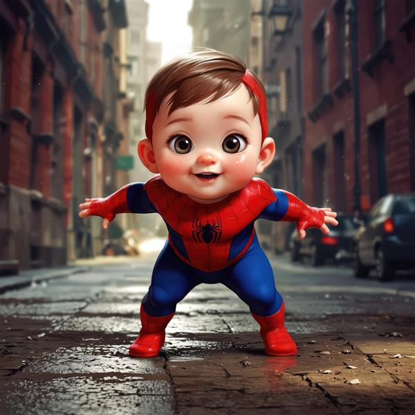 تصویر سه‌بعدی نوزاد پسر اسپایدرمن خندان در خیابان شهری، محصولات دکوراتیو