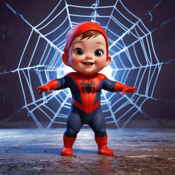 عکس استوک نوزاد پسر اسپایدرمن با کلاه در مقابل تار عنکبوت نورانی، طرح فانتزی باکیفیت و جذاب