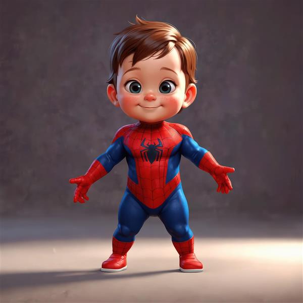 نوزاد پسر اسپایدرمن با ژست ایستاده و خندان، طرح کارتونی سه‌بعدی با کیفیت بالا و پس‌زمینه تیره و ساده