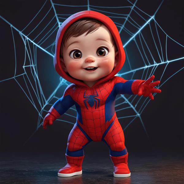 عکس اورجینال نوزاد پسر اسپایدرمن با کلاه و پس‌زمینه آبی نئونی تار عنکبوت، طرح فانتزی و دراماتیک