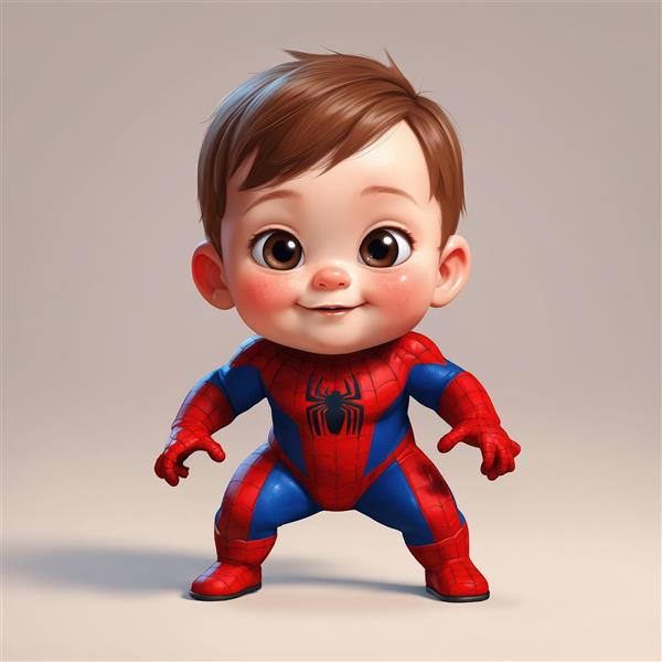 نوزاد پسر اسپایدرمن خندان، تصویر کارتونی سه‌بعدی تمام‌قد با پس‌زمینه ساده، عکس استوک پریمیوم