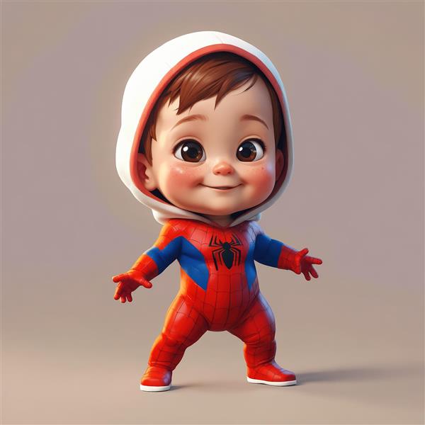 عکس باکیفیت نوزاد پسر اسپایدرمن با کلاه سفید، طرح کارتونی سه‌بعدی با ژست ایستاده، مناسب چاپ عریض