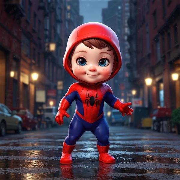 تصویر نوزاد پسر اسپایدرمن با کلاه در خیابان بارانی شهر، طرح سه‌بعدی فانتزی با رفلکس نور در آب
