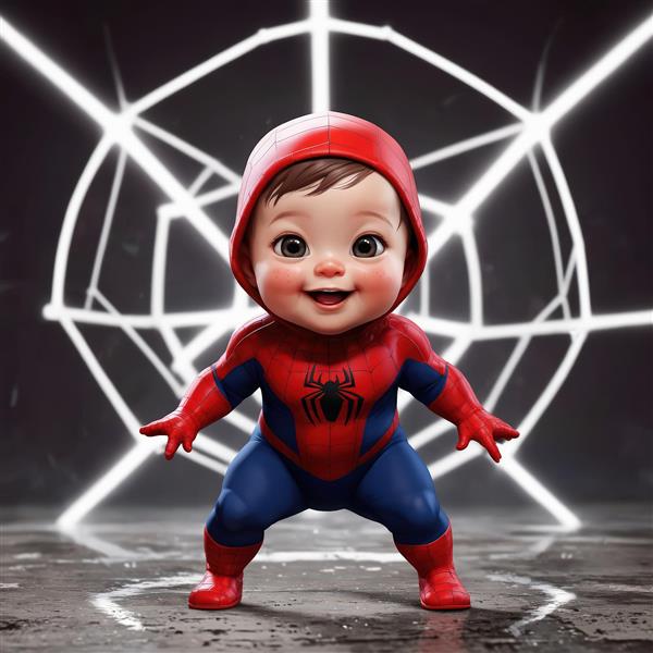 نوزاد پسر اسپایدرمن با کلاه و پس‌زمینه نورانی تار عنکبوت، تصویر کارتونی با کیفیت بالا برای تابلو