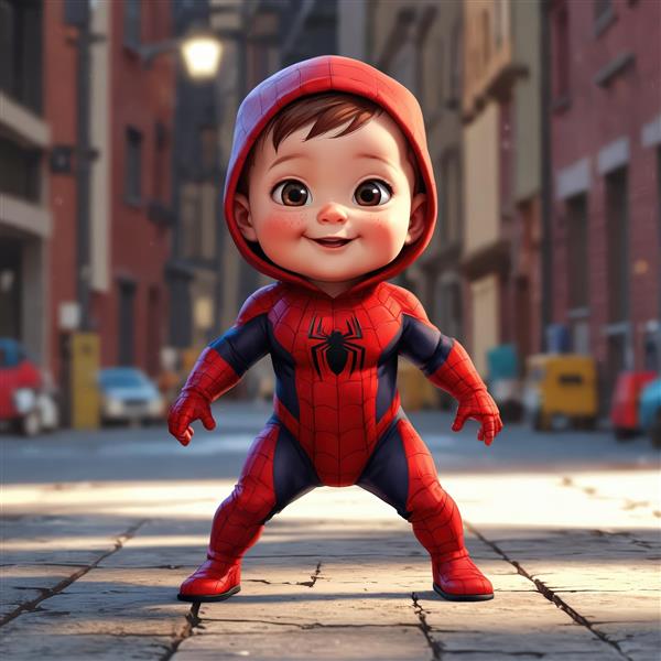 عکس اورجینال نوزاد پسر اسپایدرمن با کلاه قرمز در خیابان، طرح فانتزی سه‌بعدی شهری، مناسب چاپ دکوراتیو