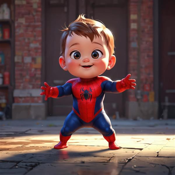 تصویر سه‌بعدی نوزاد پسر اسپایدرمن خندان با ژست قهرمانی، طرح کارتونی باکیفیت برای پوستر اتاق کودک