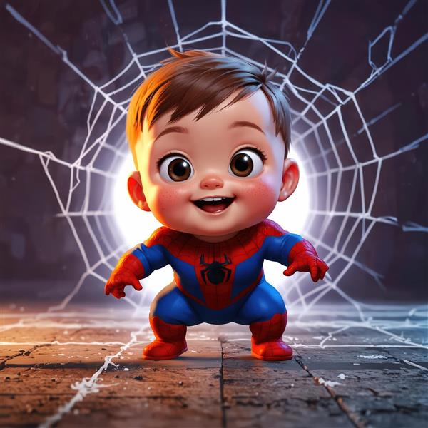 عکس اورجینال نوزاد پسر اسپایدرمن در پس‌زمینه تار عنکبوت، طرح سه‌بعدی فانتزی با نورپردازی دراماتیک