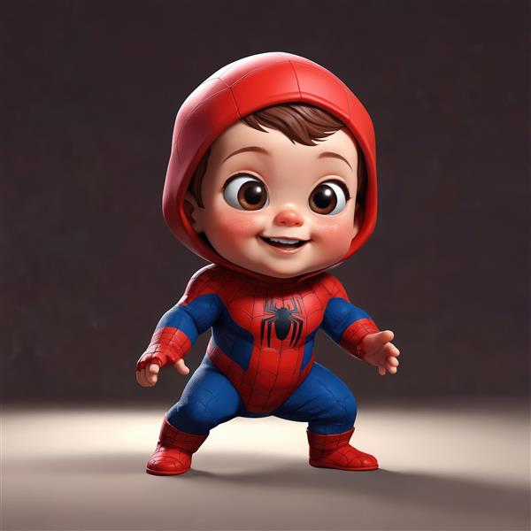تصویر باکیفیت نوزاد پسر اسپایدرمن خندان با کلاه، طرح کارتونی سه‌بعدی، مناسب برای تابلو اتاق کودک