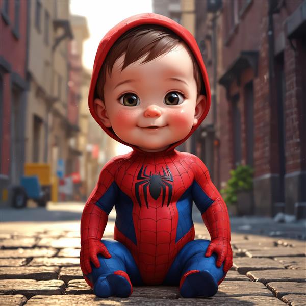 نوزاد پسر اسپایدرمن نشسته در خیابان سنگفرش، تصویر کارتونی و فانتزی با نورپردازی گرم، مناسب چاپ پوستر
