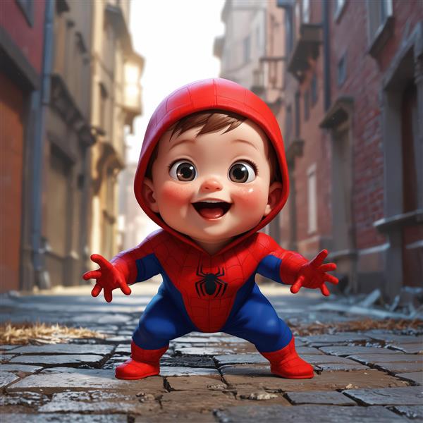 عکس اورجینال نوزاد پسر اسپایدرمن با کلاه در حال بازی، طرح فانتزی سه‌بعدی در کوچه شهر قدیمی