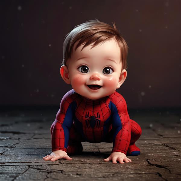 تصویر سه‌بعدی نوزاد پسر اسپایدرمن، در حال چهار دست و پا رفتن، عکس استوک پریمیوم باکیفیت بالا
