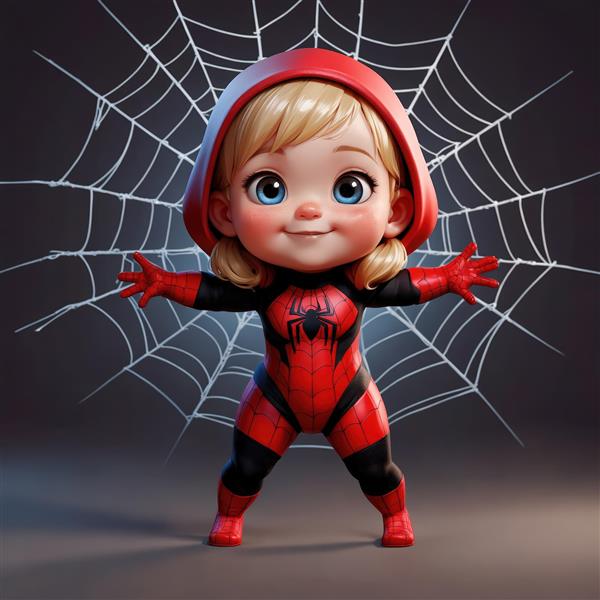 عکس باکیفیت نوزاد دختر اسپایدرمن خندان با تار عنکبوت، طرح سه بعدی کارتونی برای تابلو اتاق بچگانه