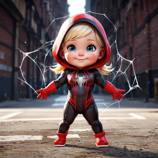 نوزاد دختر اسپایدرمن در خیابان شهر، تصویر فانتزی و کارتونی با پس‌زمینه تار عنکبوت، مناسب چاپ دکوراتیو